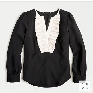 Long-sleeve ruffle-front top in satin crepe